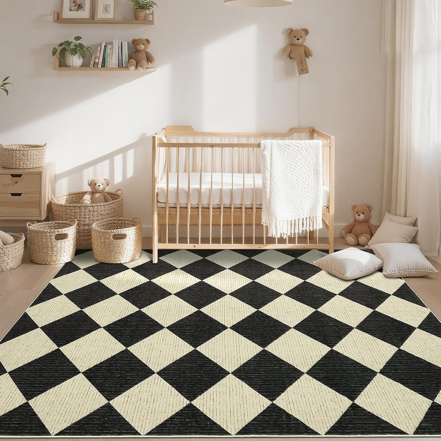 6x9 Modern Checkered Area Rug, Geometric Farmhouse Washable Rugs for Living Room Bedroom, Soft Low Pile Non Slip Diamond Floor Mat Plaid Print Throw Rug Indoor Carpet Kids Room Classroom - Image 2